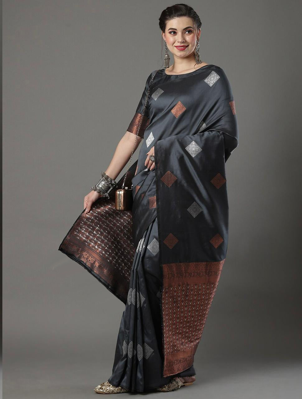 Gratifying Grey Banarasi Silk Saree With Classic Blouse Piece