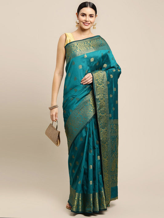 Desirable Rama Banarasi Silk Saree With Assemblage Blouse Piece
