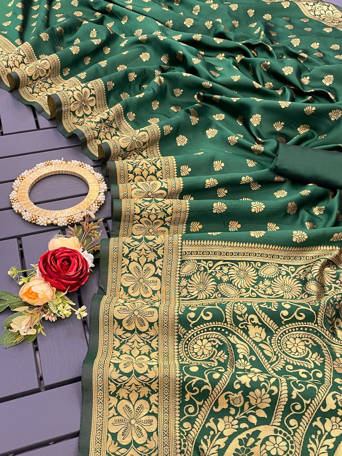 Desirable Green Banarasi Silk Saree With Assemblage Blouse Piece