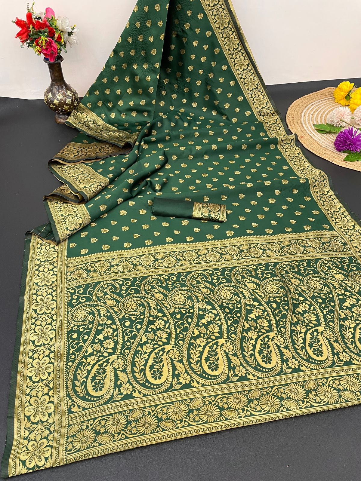 Desirable Green Banarasi Silk Saree With Assemblage Blouse Piece