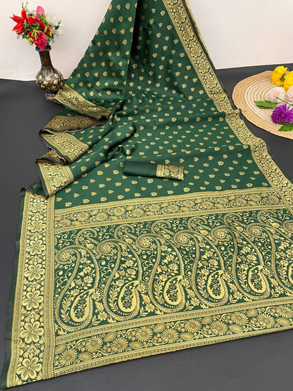 Desirable Green Banarasi Silk Saree With Assemblage Blouse Piece