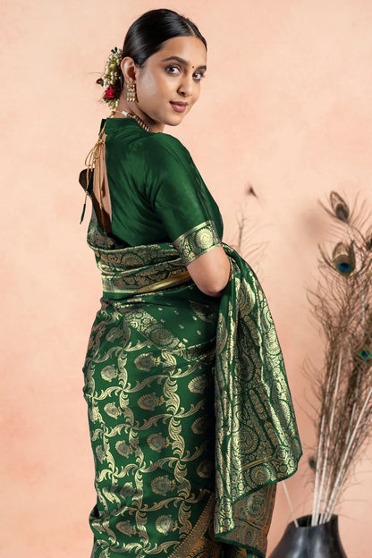 Demesne Dark Green Kanjivaram Silk Saree With Beautiful Blouse Piece