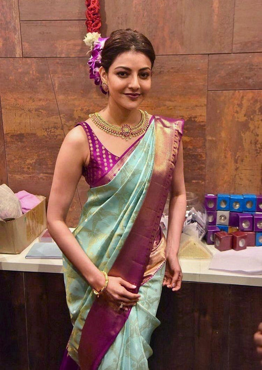 Tremendous Sky Soft Banarasi Silk Saree With Incomparable Blouse Piece