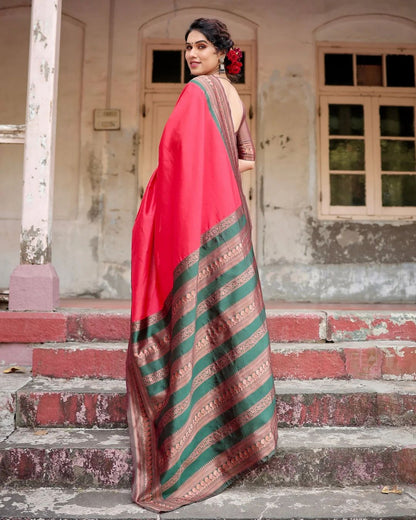 Petrichor Red Pure Paithani Silk Saree With Splendorous Blouse Piece