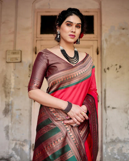Petrichor Red Pure Paithani Silk Saree With Splendorous Blouse Piece
