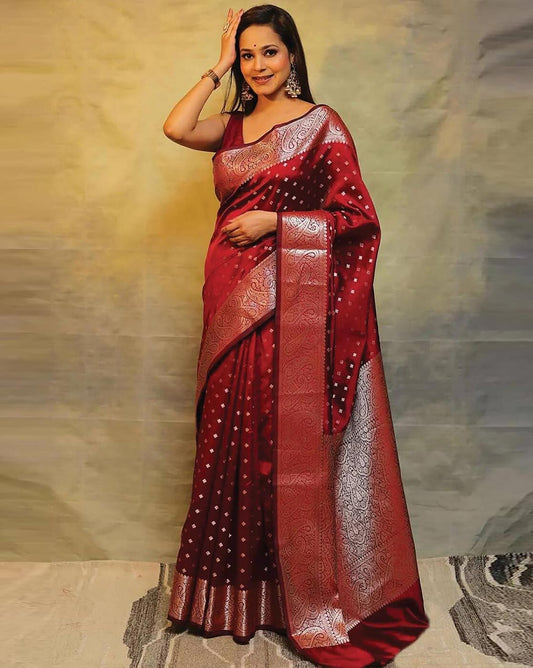 Ideal Red Soft Banarasi Silk Saree With Dalliance Blouse Piece