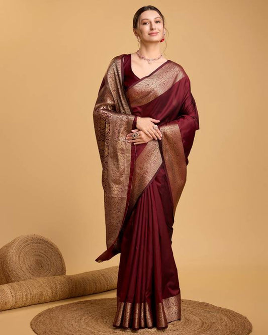 Charming Maroon Soft Banarasi Silk Saree With Pretty Blouse Piece