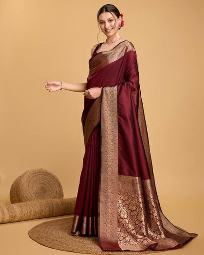 Charming Maroon Soft Banarasi Silk Saree With Pretty Blouse Piece
