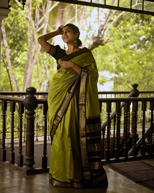 Phenomenal Mehndi Soft Banarasi Silk Saree With Beauteous Blouse Piece