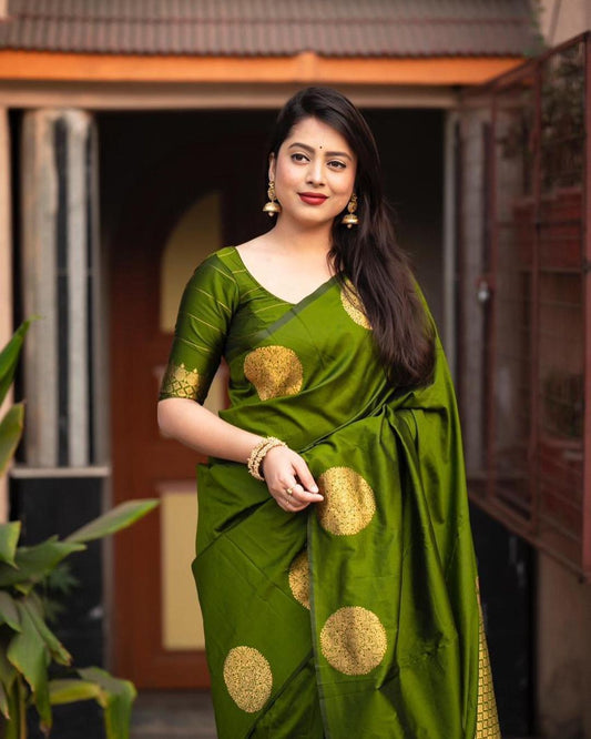 Quintessential Mehandi Soft Banarasi Silk Saree With Lissome Blouse Piece