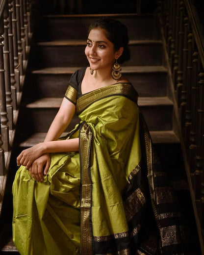 Phenomenal Mehndi Soft Banarasi Silk Saree With Beauteous Blouse Piece
