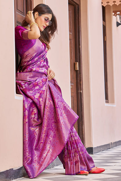 Mesmeric Pink Soft Banarasi Silk Saree With Inspiring Blouse Piece