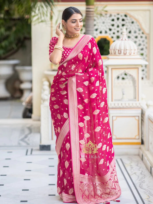 Stylish Pink Soft Silk Saree With Unique Blouse Piece