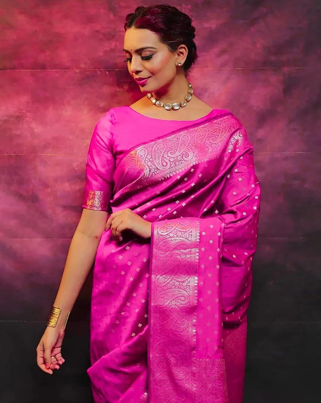 Surreptitious Pink Kanjivaram Silk With Embrocation Blouse Piece
