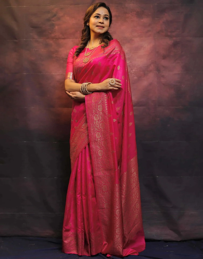Denouement Pink Kanjivaram Silk Saree With Felicitous Blouse Piece
