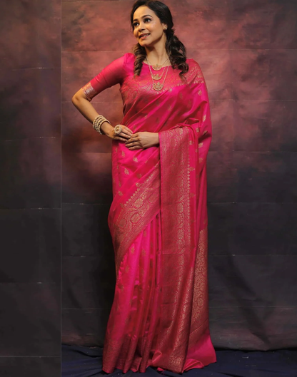 Denouement Pink Kanjivaram Silk Saree With Felicitous Blouse Piece