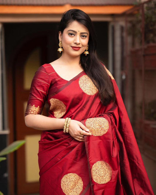 Blooming Dark RedSoft Banarasi Silk Saree With Intricate Blouse Piece