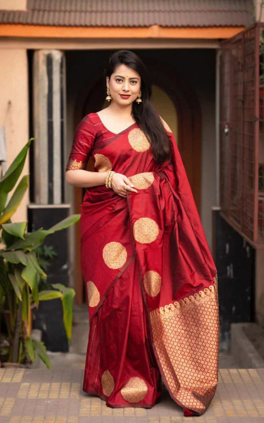 Blooming Dark RedSoft Banarasi Silk Saree With Intricate Blouse Piece