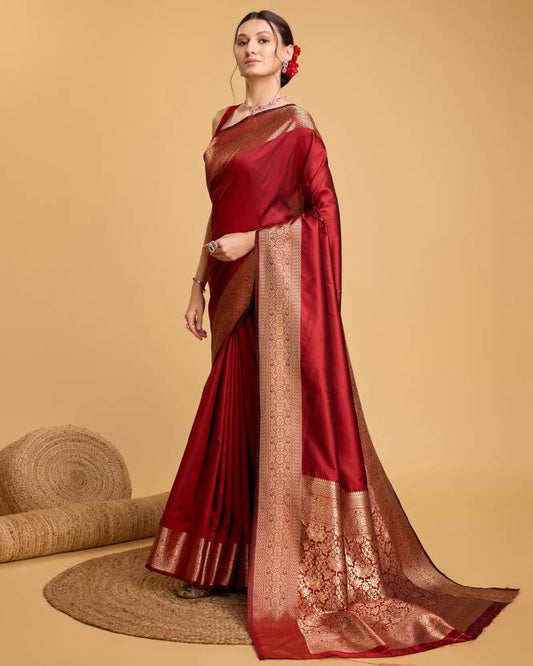Charming Red Soft Banarasi Silk Saree With Pretty Blouse Piece