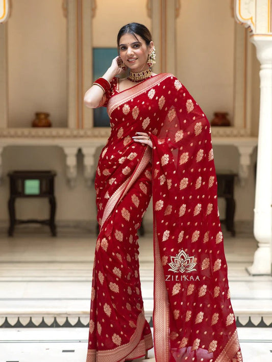 Stylish Red Soft Silk Saree With Unique Blouse Piece