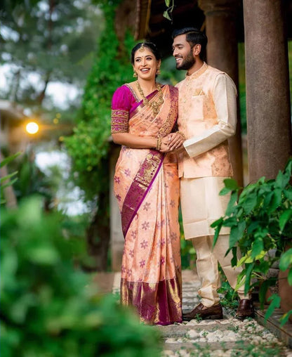 Peach Soft Banarasi Silk Saree With Lovely Blouse Piece