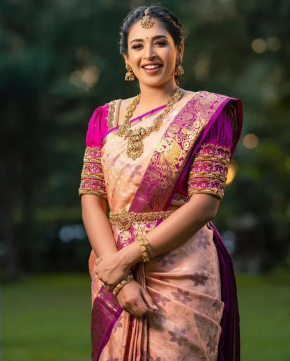 Peach Soft Banarasi Silk Saree With Lovely Blouse Piece
