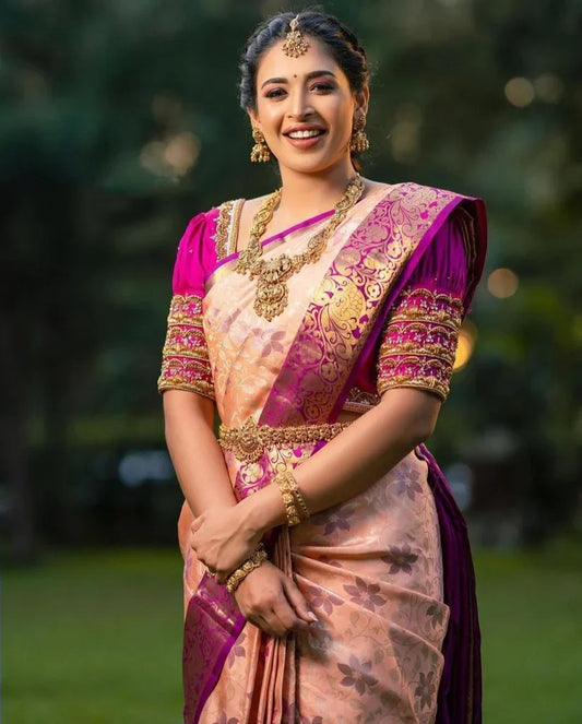 Peach Soft Banarasi Silk Saree With Lovely Blouse Piece