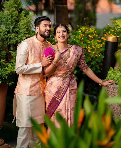 Peach Soft Banarasi Silk Saree With Lovely Blouse Piece