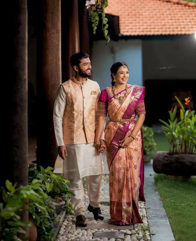 Peach Soft Banarasi Silk Saree With Lovely Blouse Piece