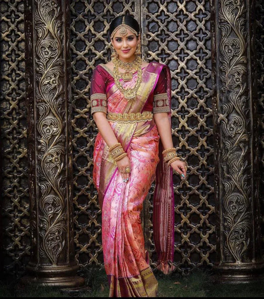 Pink Soft Banarasi Silk Saree With Nemesis Blouse Piece