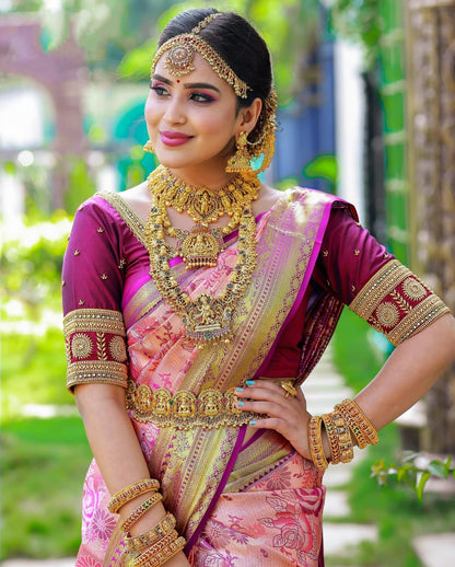 Pink Soft Banarasi Silk Saree With Nemesis Blouse Piece