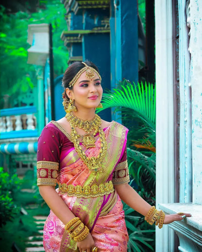 Pink Soft Banarasi Silk Saree With Nemesis Blouse Piece