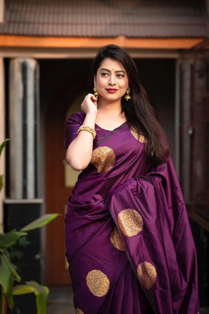 Blooming Dark Purple Soft Banarasi Silk Saree With Intricate Blouse Piece