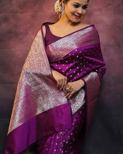 Unique Purple Soft Banarasi Silk Saree With Winsome Blouse Piece
