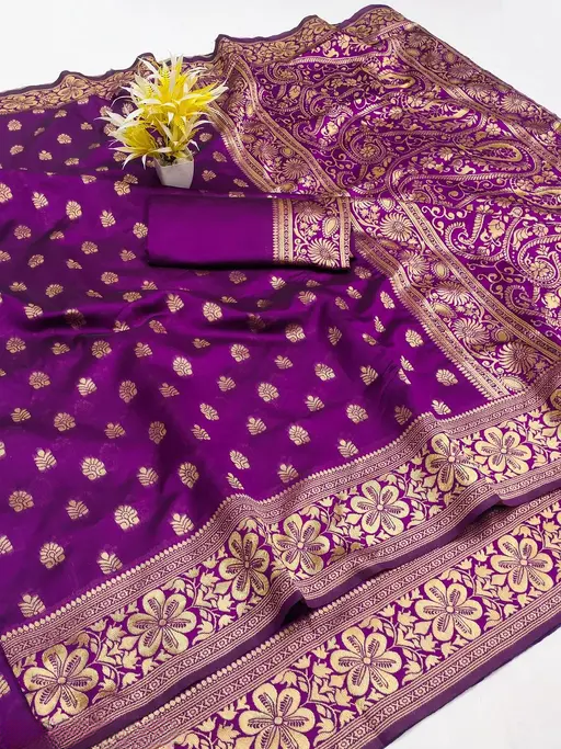 Desirable Wine Banarasi Silk Saree With Assemblage Blouse Piece