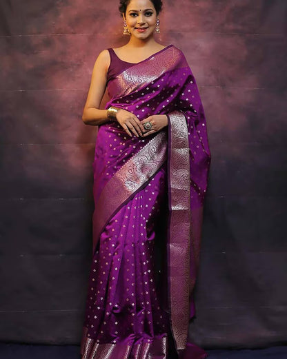 Unique Purple Soft Banarasi Silk Saree With Winsome Blouse Piece