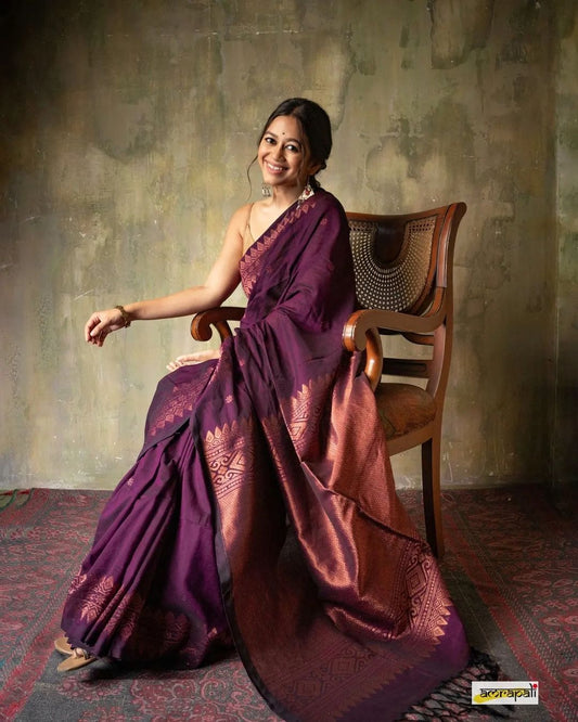 Lovely Wine Soft Banarasi Silk Saree With Precious Blouse Piece