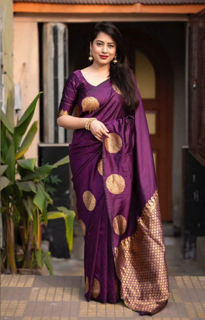 Blooming Dark Purple Soft Banarasi Silk Saree With Intricate Blouse Piece