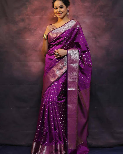 Unique Purple Soft Banarasi Silk Saree With Winsome Blouse Piece
