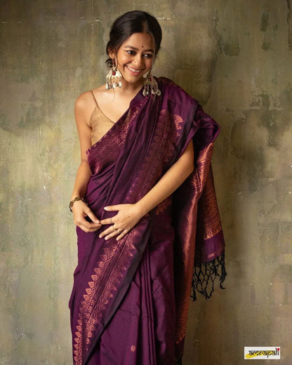 Lovely Wine Soft Banarasi Silk Saree With Precious Blouse Piece