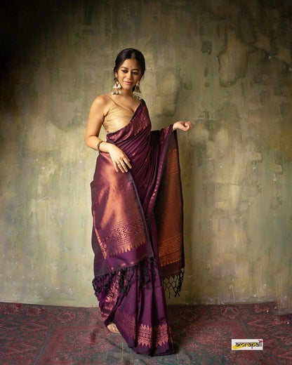 Lovely Wine Soft Banarasi Silk Saree With Precious Blouse Piece