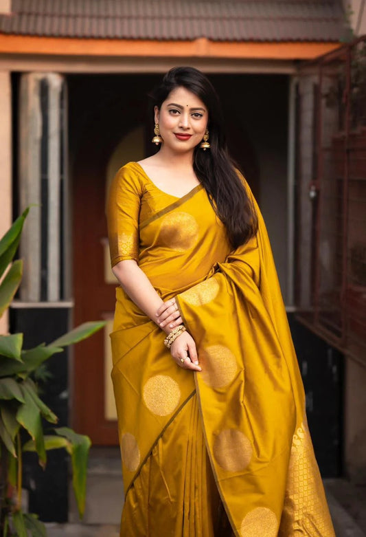Blooming Yellow Soft Banarasi Silk Saree With Intricate Blouse Piece