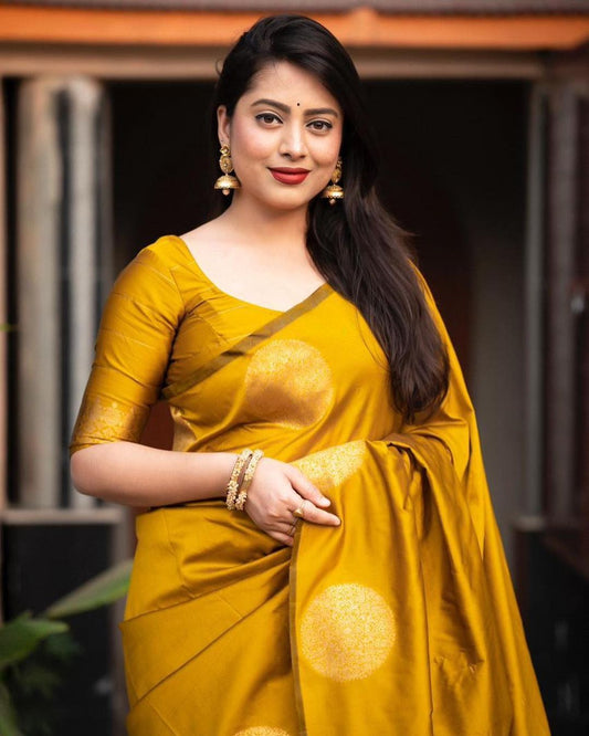 Quintessential Yellow Soft Banarasi Silk Saree With Lissome Blouse Piece