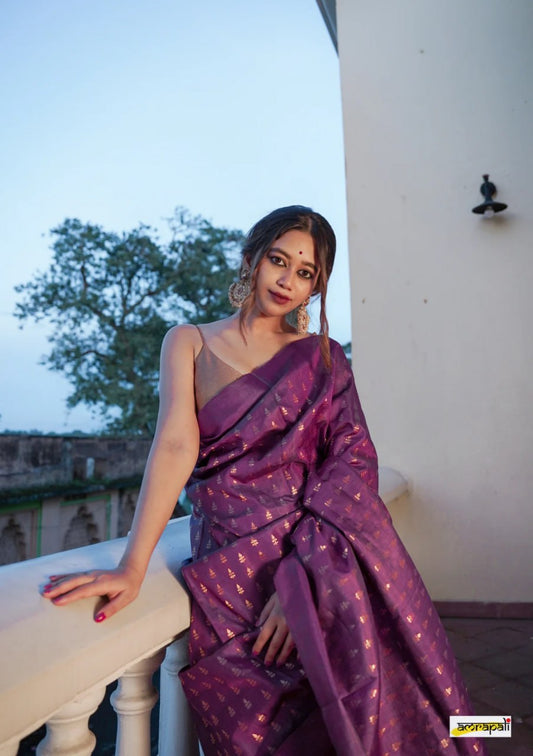 Beautiful Wine Banarasi Satin Silk Saree With Desiring Blouse