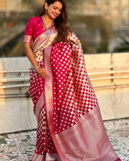 Beleaguer Red Paithani Silk Saree With Ratatouille Blouse Piece
