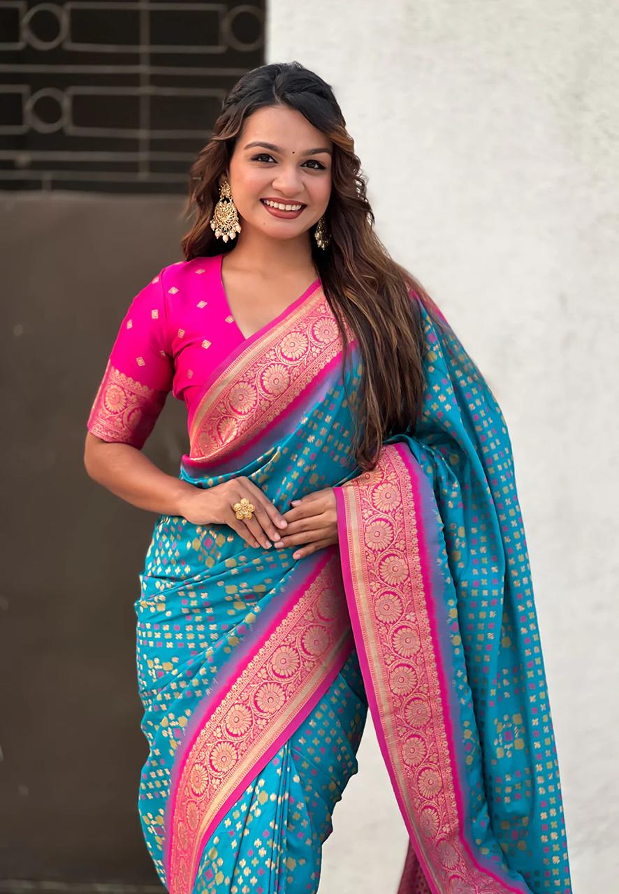 Excellent Teal Blue Soft Banarasi Silk Saree With Lissome Blouse Piece