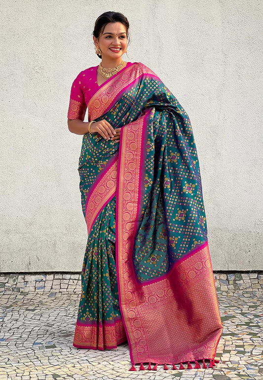 Desultory Dark Green Paithani Silk Saree With Elision Blouse Piece
