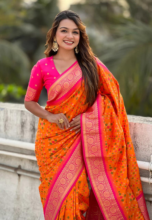 Marvellous Orange Soft Silk Saree With Unique Blouse Piece