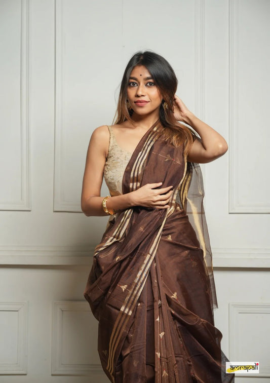 Embellished Brown Cotton Silk Saree With Felicitous Blouse Piece