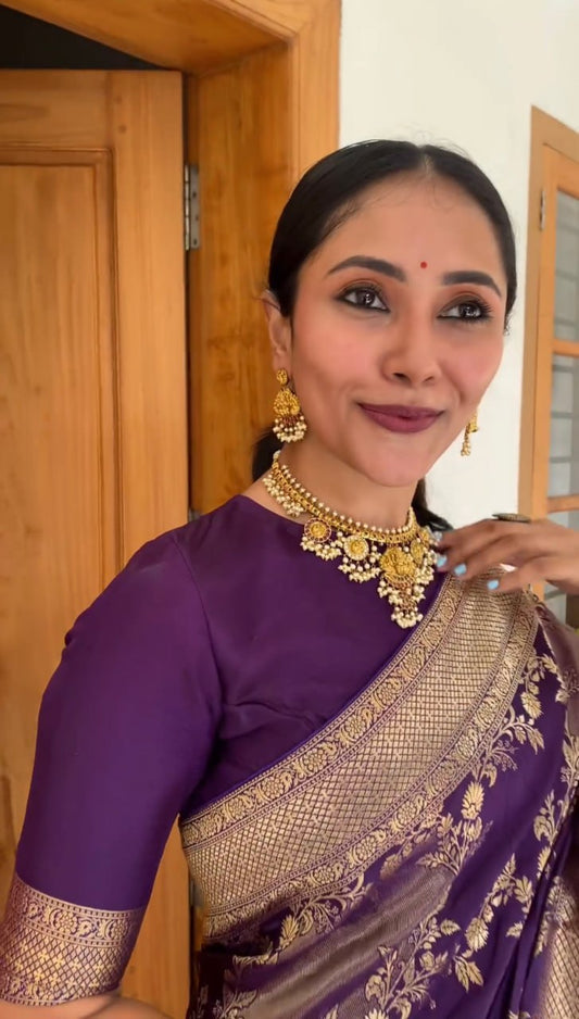 Snappy Purple Pure Kanjivaram Silk Saree with Artistic Blouse Piece